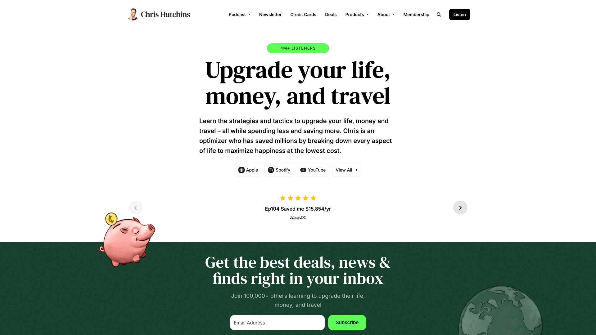 The chrishutchins.com homepage on desktop, showing the neon green listener badge, the serif headline, the platform buttons and the cartoon pig