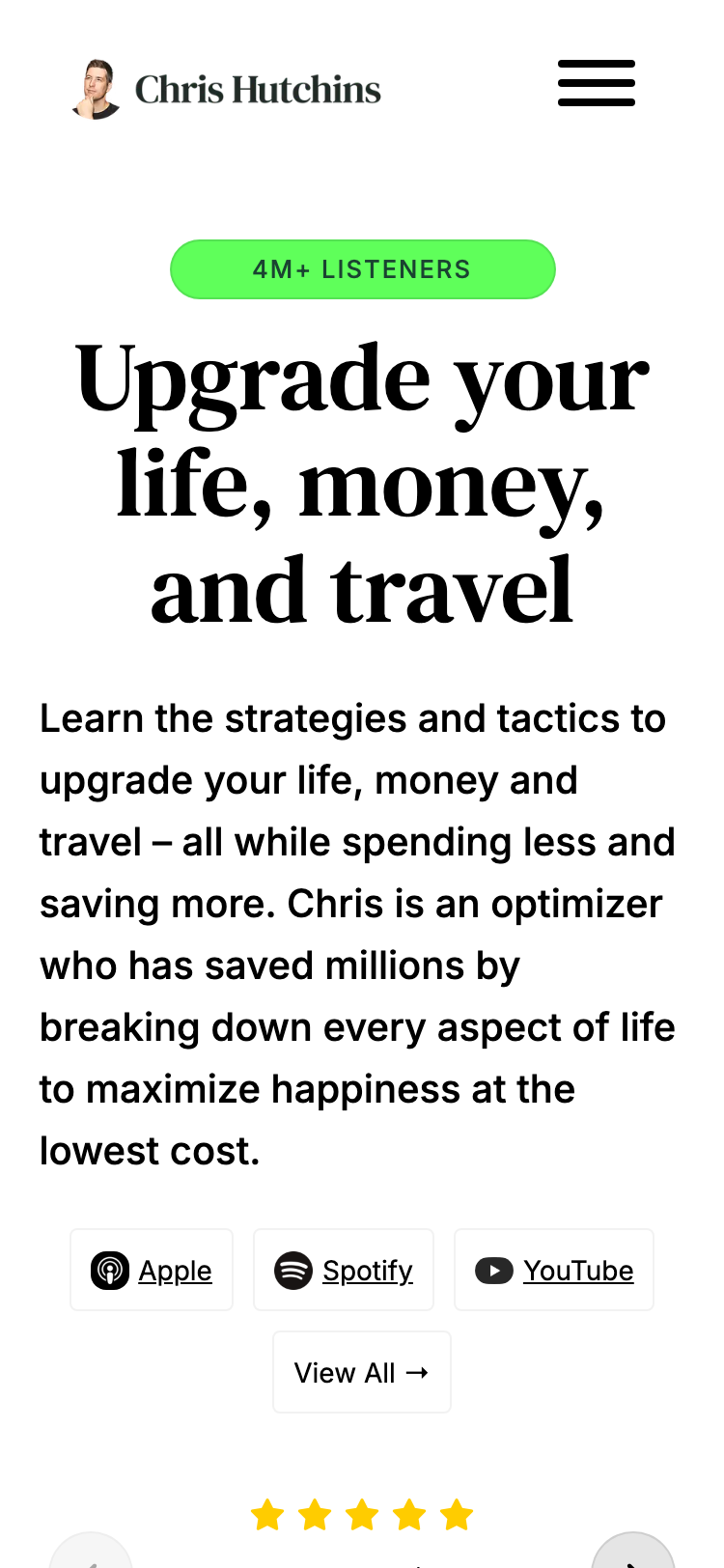 The chrishutchins.com homepage on a phone, showing the neon green badge, the serif headline and the cartoon pig