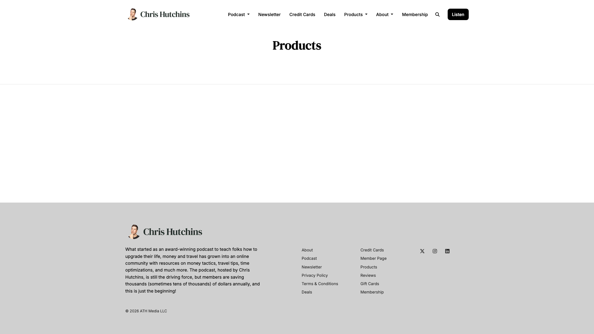 Screenshot of chrishutchins.com/products/ showing the heading Products followed by empty white space where product content should be